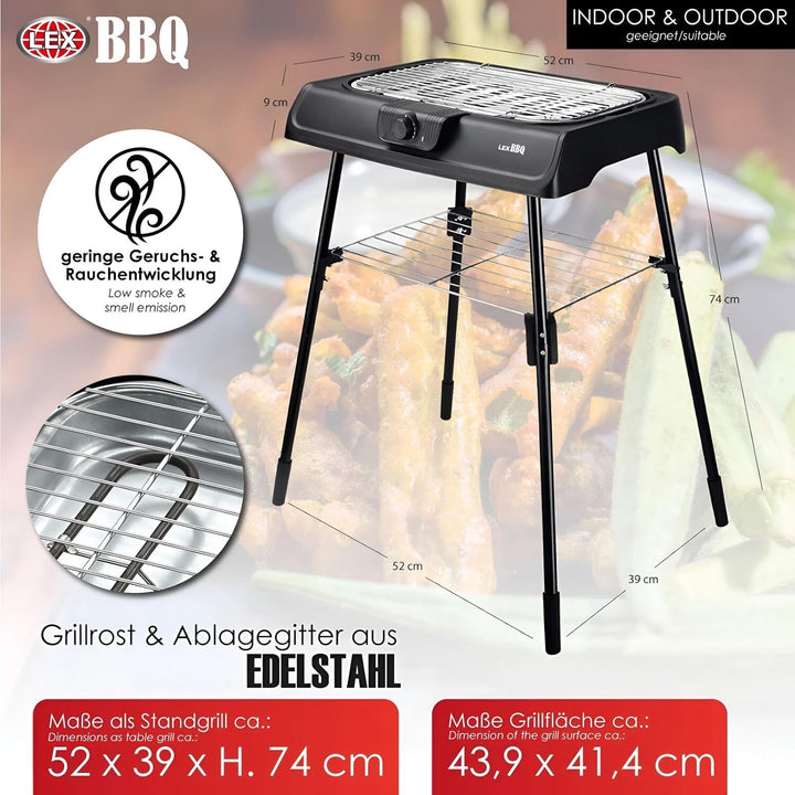 Elektrischer Tischgrill & Standgrill 2000W mit Edelstahl Grillrost | Balkongrill raucharm | Elektrog