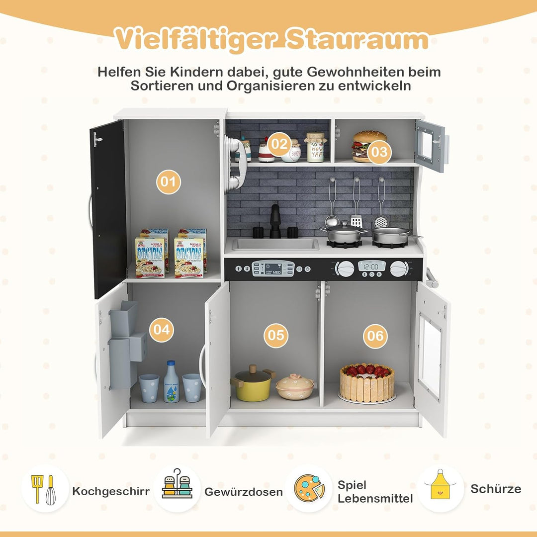 COSTWAY Kinderküche inkl. Zubehör, Spielküche Holz mit Tafel & Mikrowelle & Eismaschine, Spielzeugkü