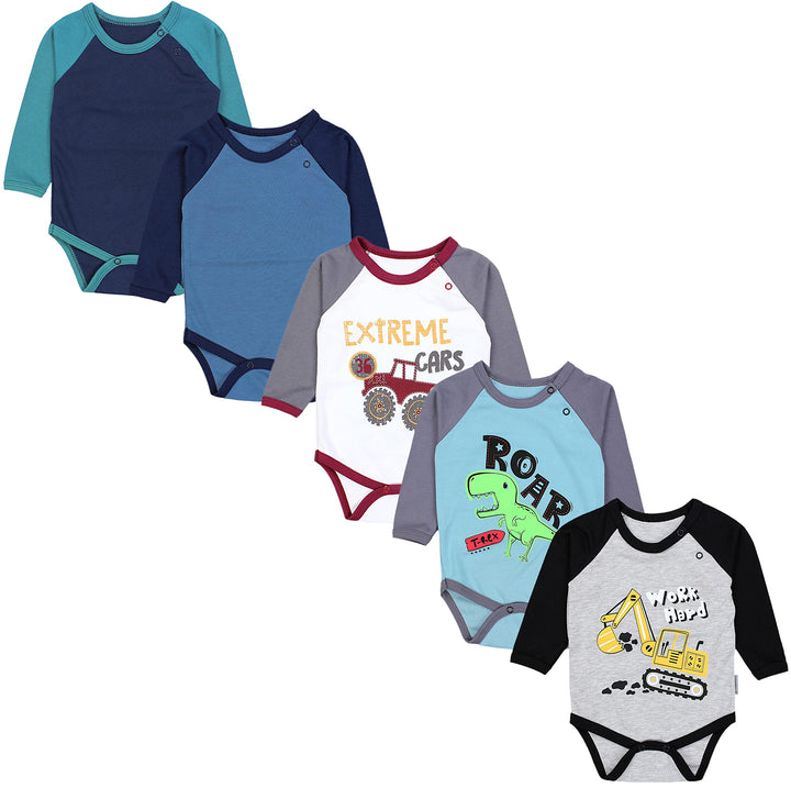 TupTam Jungen Baby Body Langarm Unifarben 5er Pack 56 Bagger Monster Tuck Dino Grau Blau Grün, 56 Ba