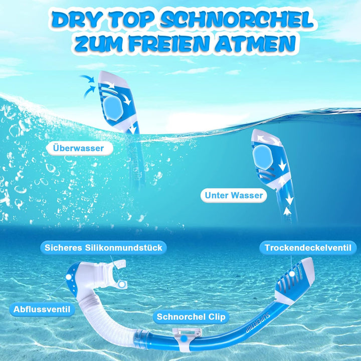Supertrip Kinder Schnorchelset 3-teilig, Schnorcheln Set mit Flossen, Taucherbrille mit Tempered Gla