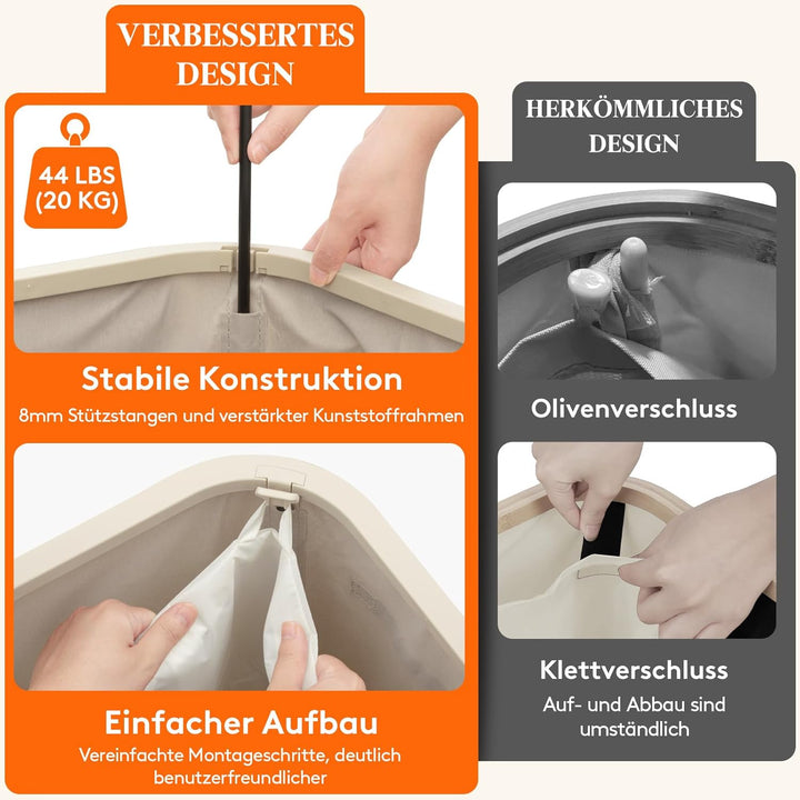 Lifewit 165L Wäschesammler mit Deckel, 3-Fach Wäschekorb mit Griffen und Tragetaschen, Grosser faltb