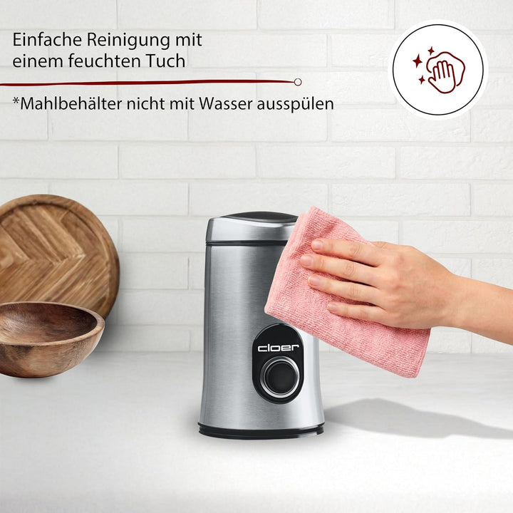 Cloer 7579 Elektrische Kaffeemühle, 150 W, für bis zu 50 g Kaffeebohnen, mattiertes Edelstahlgehäuse