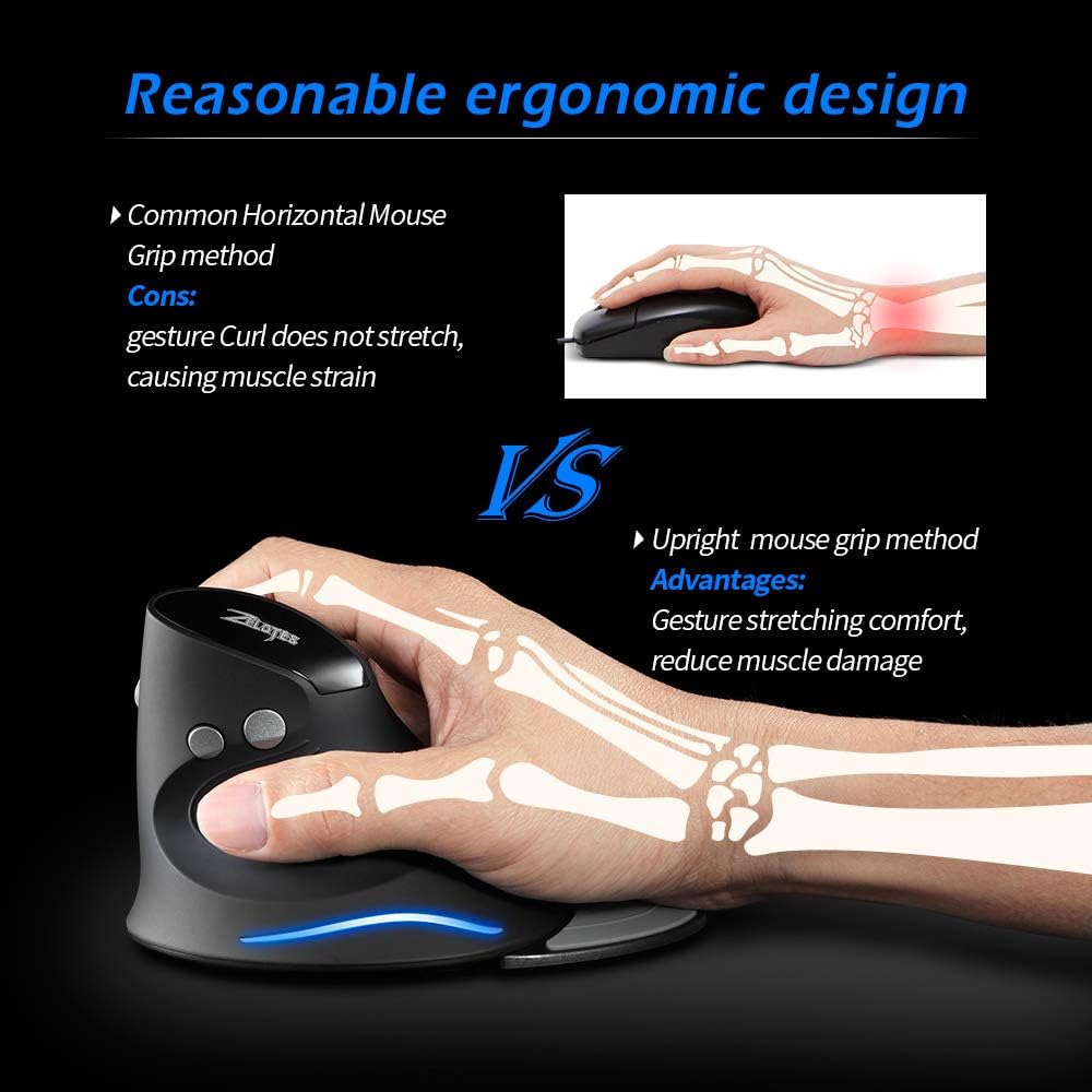 zelotes Kabellose Maus, 2,4 GHz, vertikale Maus, ergonomisch, mit Nano-Empfänger, abnehmbare Handgel
