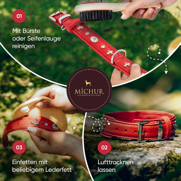 MICHUR Julieta Hundehalsband Leder, Lederhalsband Hund, Halsband, Rot, Leder, mit Lilien, Strassstei