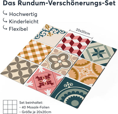 40 Stück Fliesenfolie für Bad und Küche 20x20 cm - Klebefliesen, Mosaikfliesen - Klebefolie Fliesen
