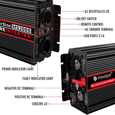 NOVOPAL 2000W Kfz Wechselrichter Spannungswandler -24v 230v Reiner Sinus mit 2 EU Steckdose und USB-