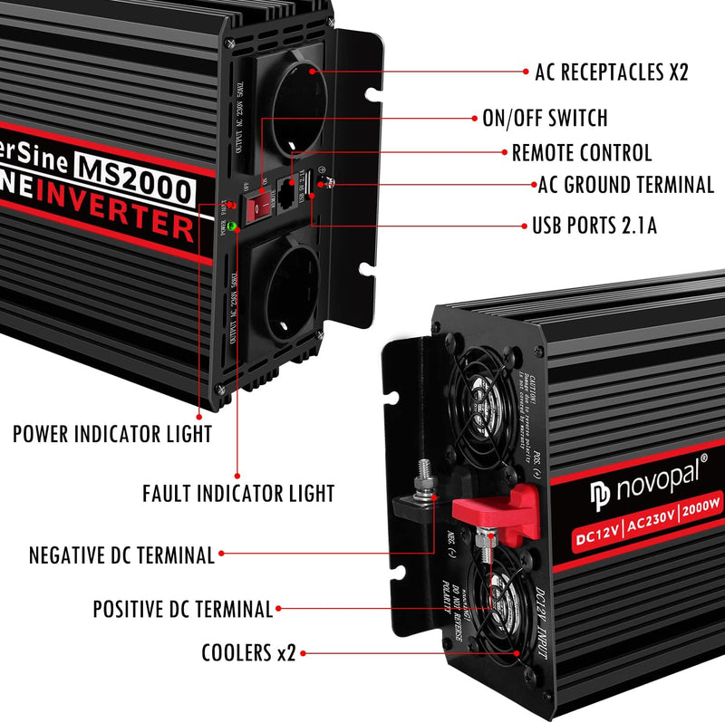 NOVOPAL 2000W Kfz Wechselrichter Spannungswandler -24v 230v Reiner Sinus mit 2 EU Steckdose und USB-