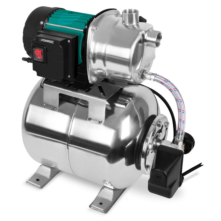 VONROC Hauswasserwerk 1000W – Automatische Wasserpumpe mit Druckschalter &amp; 19L Tank – 3500 l/h, 4,4