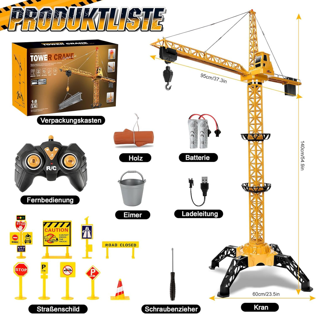 Herenear Ferngesteuerte Kran Spielzeug, 140 cm Hohe Spielzeug Kran Mit Hebehaken, 360° Drehung, Lich