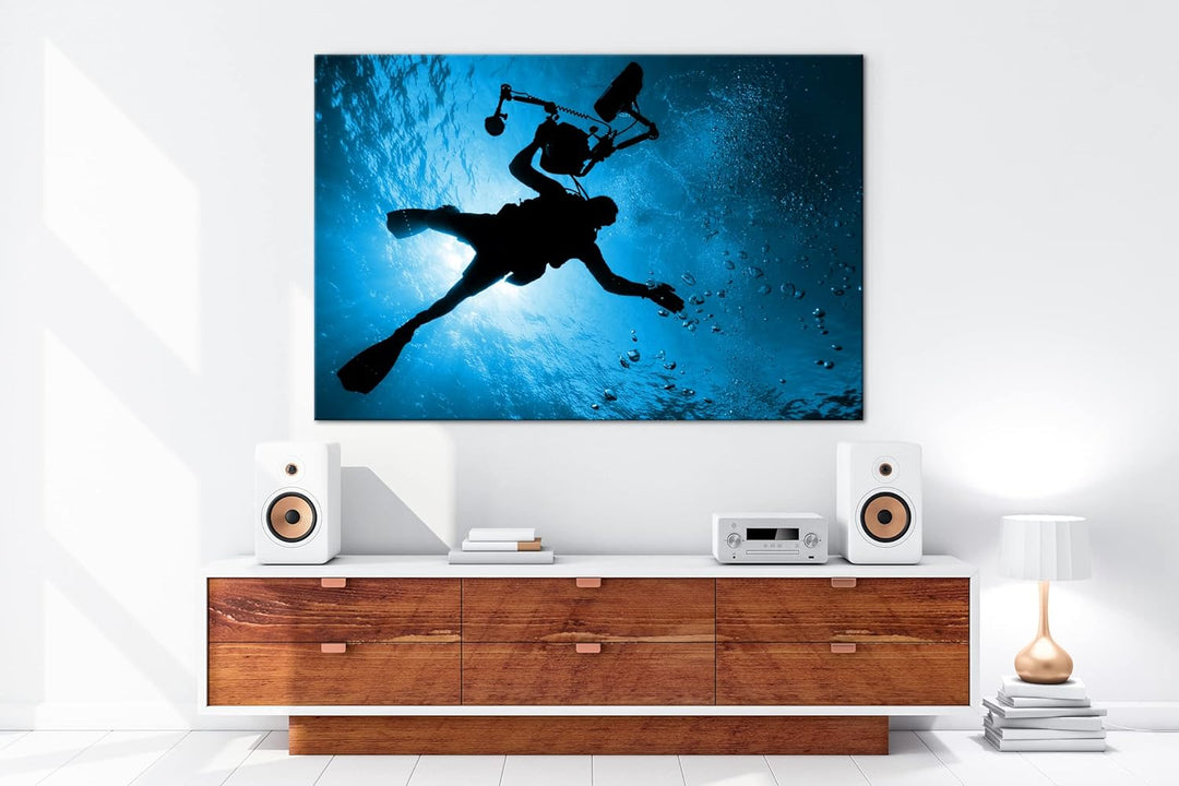 deyoli Taucher im tiefen Ozean Format 100x70 Effekt: Monocrome Blau als Leinwandbild, Motiv fertig g