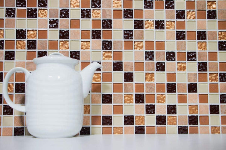 Mosaik Fliese selbstklebend Transluzent Stein beige braun Rechteck Glasmosaik Crystal Stein beige br
