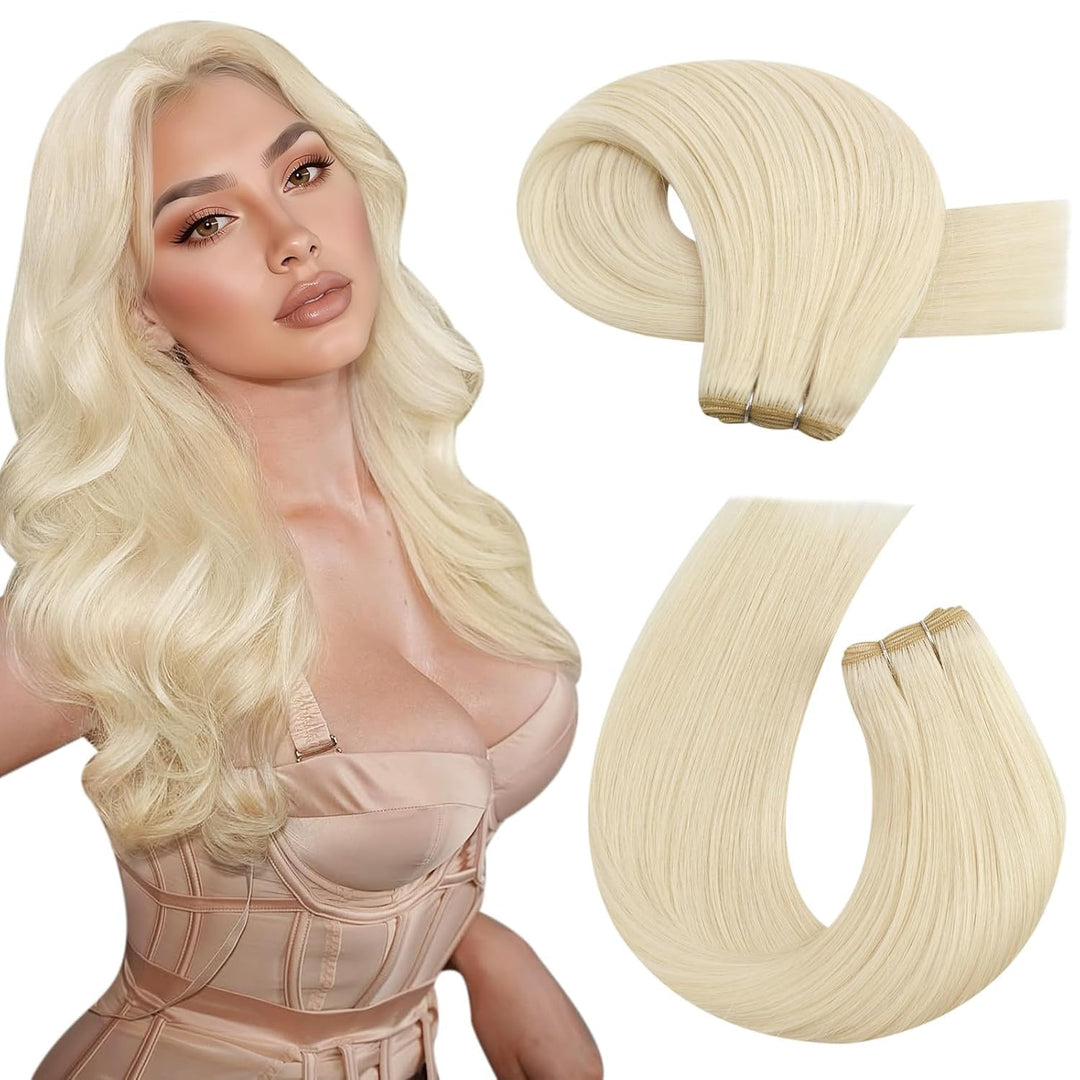 Moresoo 60 cm Haarextension Echthaar Tressen zum Einnähen Platinblond Remy Tressen Extensions Echtha
