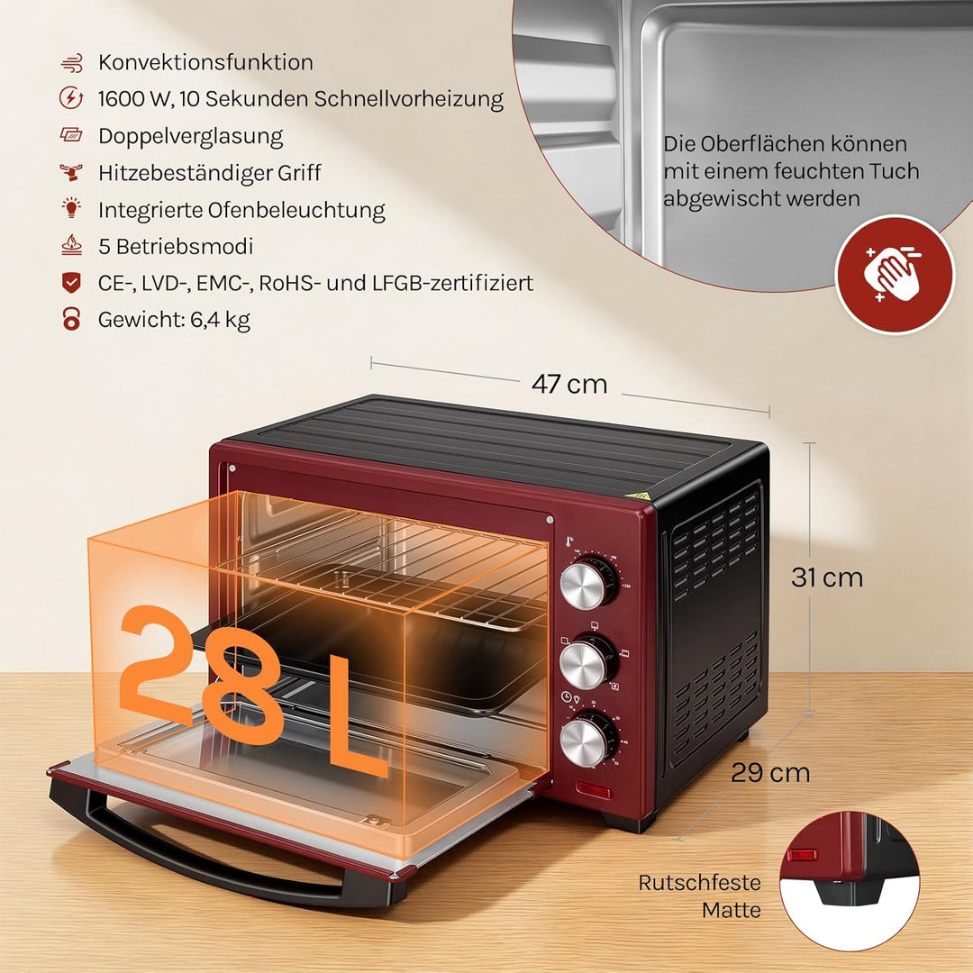 WOLTU Mini Backofen 28 L, Pizzaofen 1600 W, 100-230 °C, Timer 0-60 Min., 3 Heizmodi, inkl. Backblech
