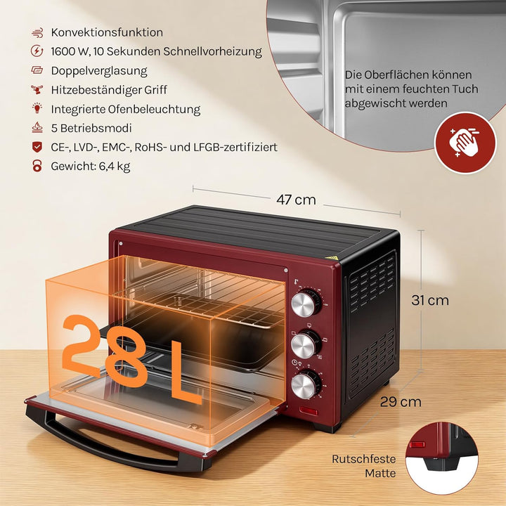 WOLTU Mini Backofen 28 L, Pizzaofen 1600 W, 100-230 °C, Timer 0-60 Min., 3 Heizmodi, inkl. Backblech