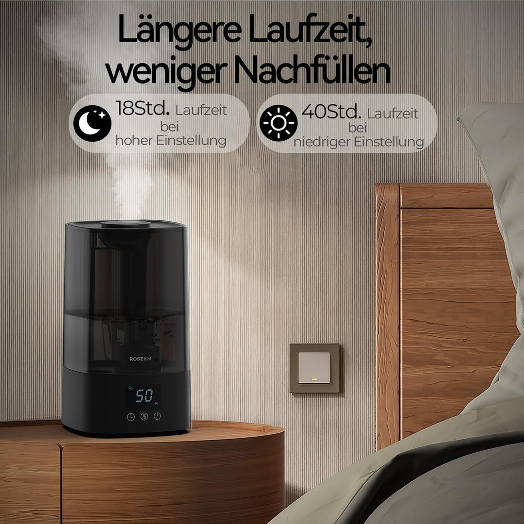 Automatischer Luftbefeuchter für Schlafzimmer & grosse Räume, 4,5L Kaltnebel-Befeuchter mit Timer &