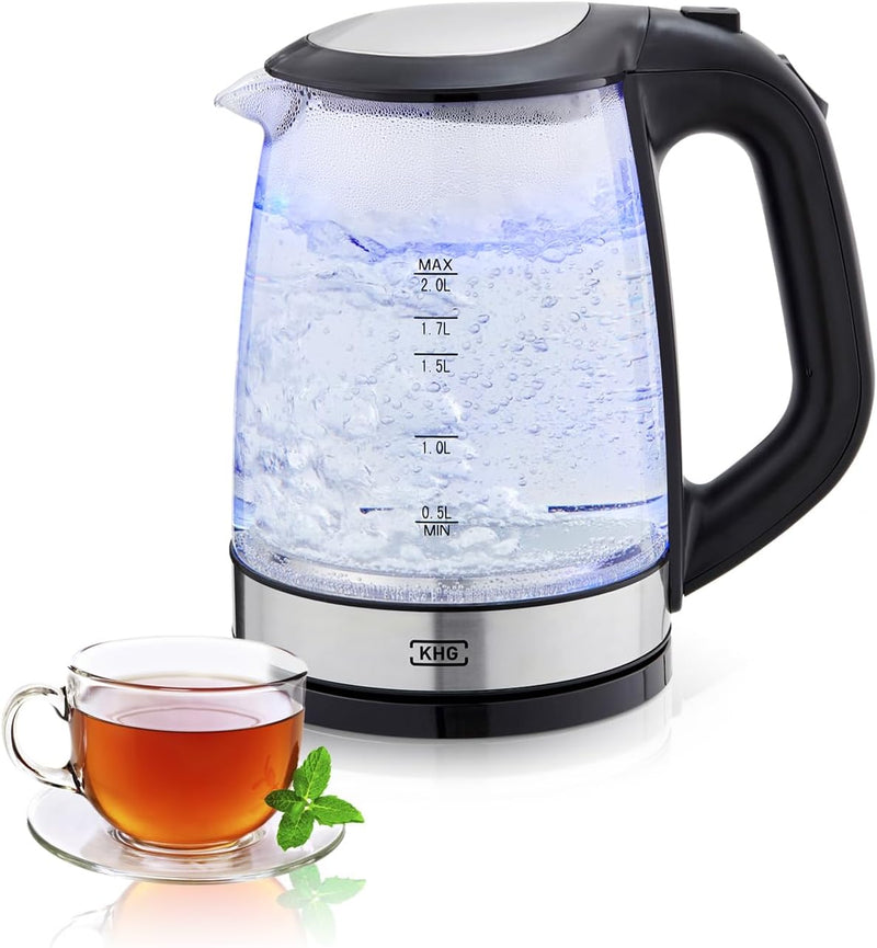 KHG Wasserkocher WK-1706 GES Glas, 2 Liter, LED Beleuchtung, Kalkfilter, Wasserstandsanzeige, Öffnen