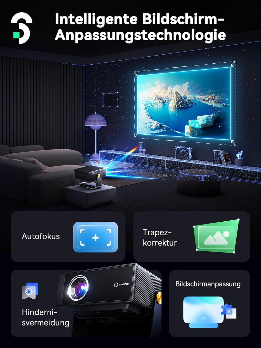 SOOMFON Smart Beamer 4K Heimkino - Kleiner Beamer für Handy Autofokus ＆ Trapezkorrektur, Mini Projek