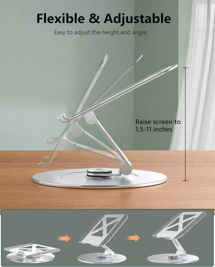 LOXP Verstellbarer Laptop-Ständer aus Aluminium für Schreibtisch, tragbar, um 360 Grad drehbar, höhe