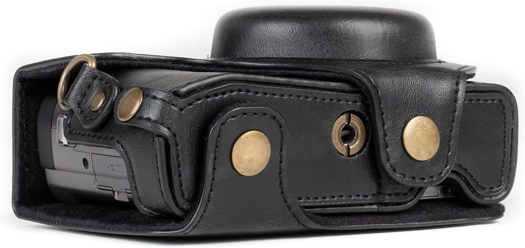 MegaGear MG1258 Panasonic Lumix DC-TZ95, DC-TZ90 Ever Ready Leder Kamera-Case mit Trageriemen - Schw