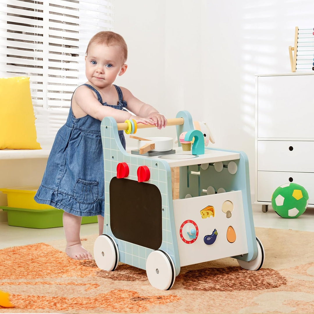 COSTWAY 6 in 1 Lauflernwagen aus Holz, Lauflernhilfe mit Spielküche, Lernuhr, Formanpassung & bewegl