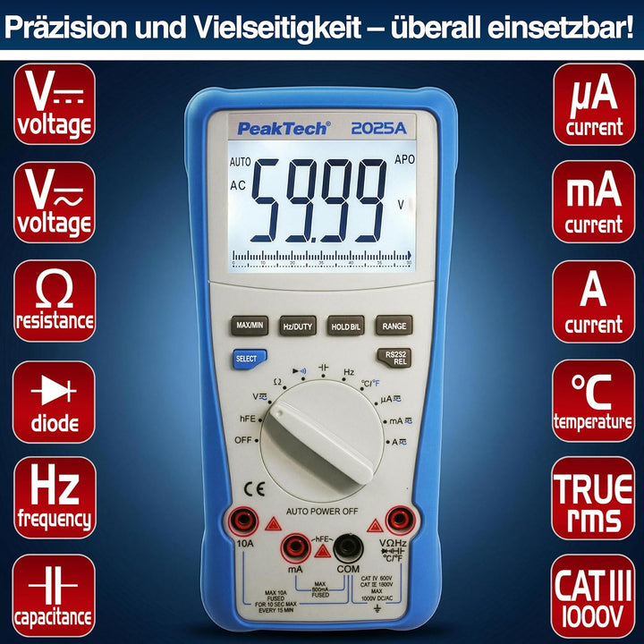 PeakTech 2025 A – True RMS Digital Multimeter, 6.000 Counts, integrierte Datenschnittstelle mit Soft