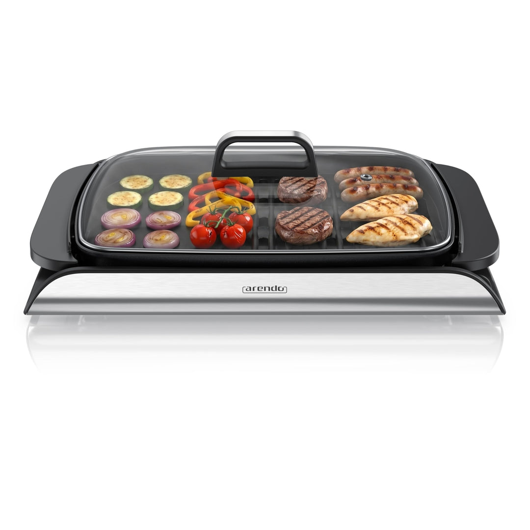 Arendo - Tischgrill Elektrogrill Edelstahl - mit Glasdeckel – extrastark 2000 Watt - Steaks, Würstch