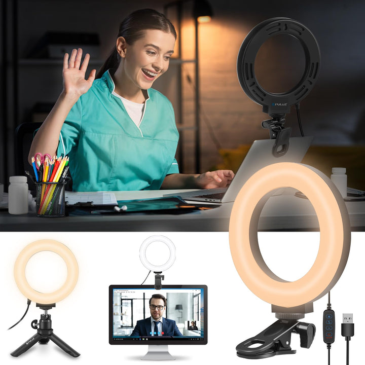 PULUZ Ringlicht Laptop mit 72LED, 6 Zoll Videokonferenz Licht mit Clip & Stativ 3 Lichtfarben+Hellig