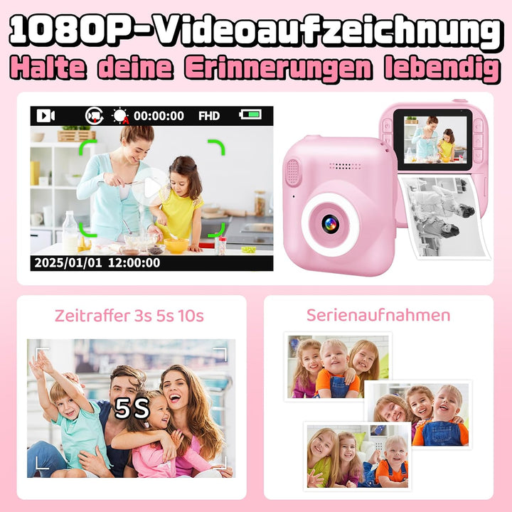 Kinderkamera Sofortbildkamera, 1080P Sofortbildkamera Kinder mit 32GB Karte & 3 Rollen Druckpapier,