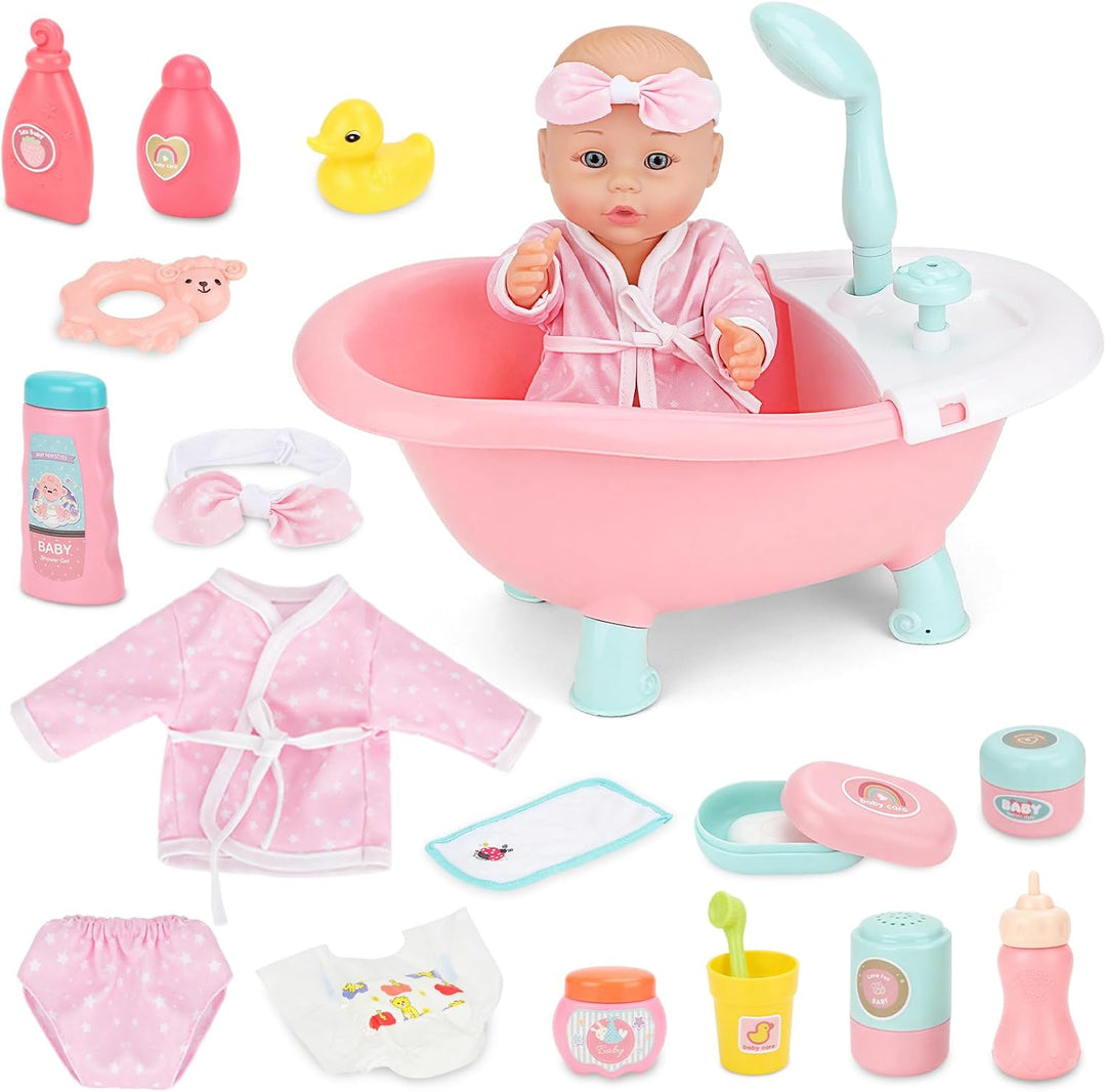 deAO Baby Puppe mit Badewanne und Zubehör, 30cm Badepuppe für Mädchen | Puppenzubehör Spielset mit F