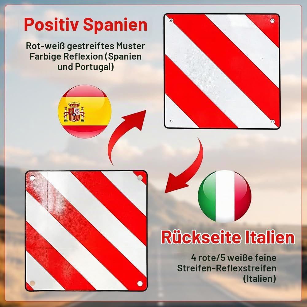 2in1 Warntafel Italien Und Spanien, Warntafel Fahrradträger, Faltbar, 50x50 cm Alu Reflektierend War