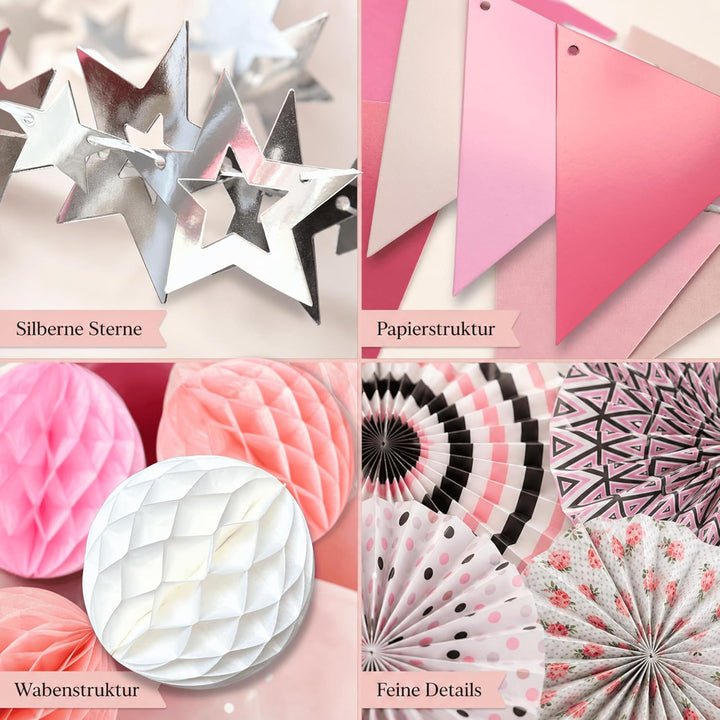 Geburtstagsdeko Set Rosa 16-teilig – Papierfächer Wabenbälle Wimpelkette Happy Birthday Girlande Ste