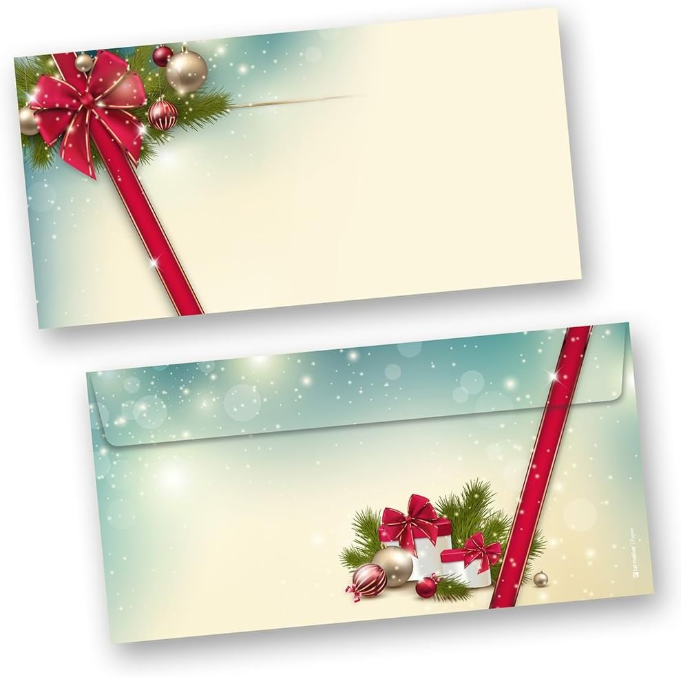 Briefpapier Weihnachten Set ROTE SCHLEIFE (25 Sets ohne Fenster) Weihnachtsbriefpapier mit Umschlag,