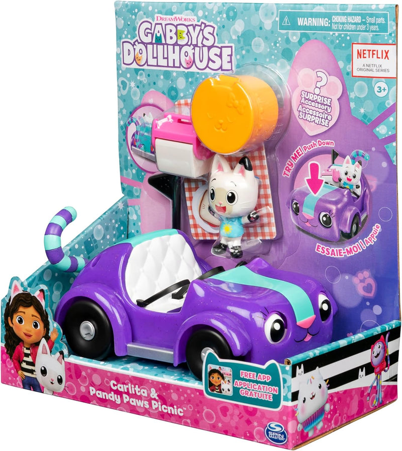 Gabby’s Dollhouse, Carlita-Spielzeugauto mit Pandy Paws-Sammelfigur, 2 Zubehörteilen und 1 Überrasch