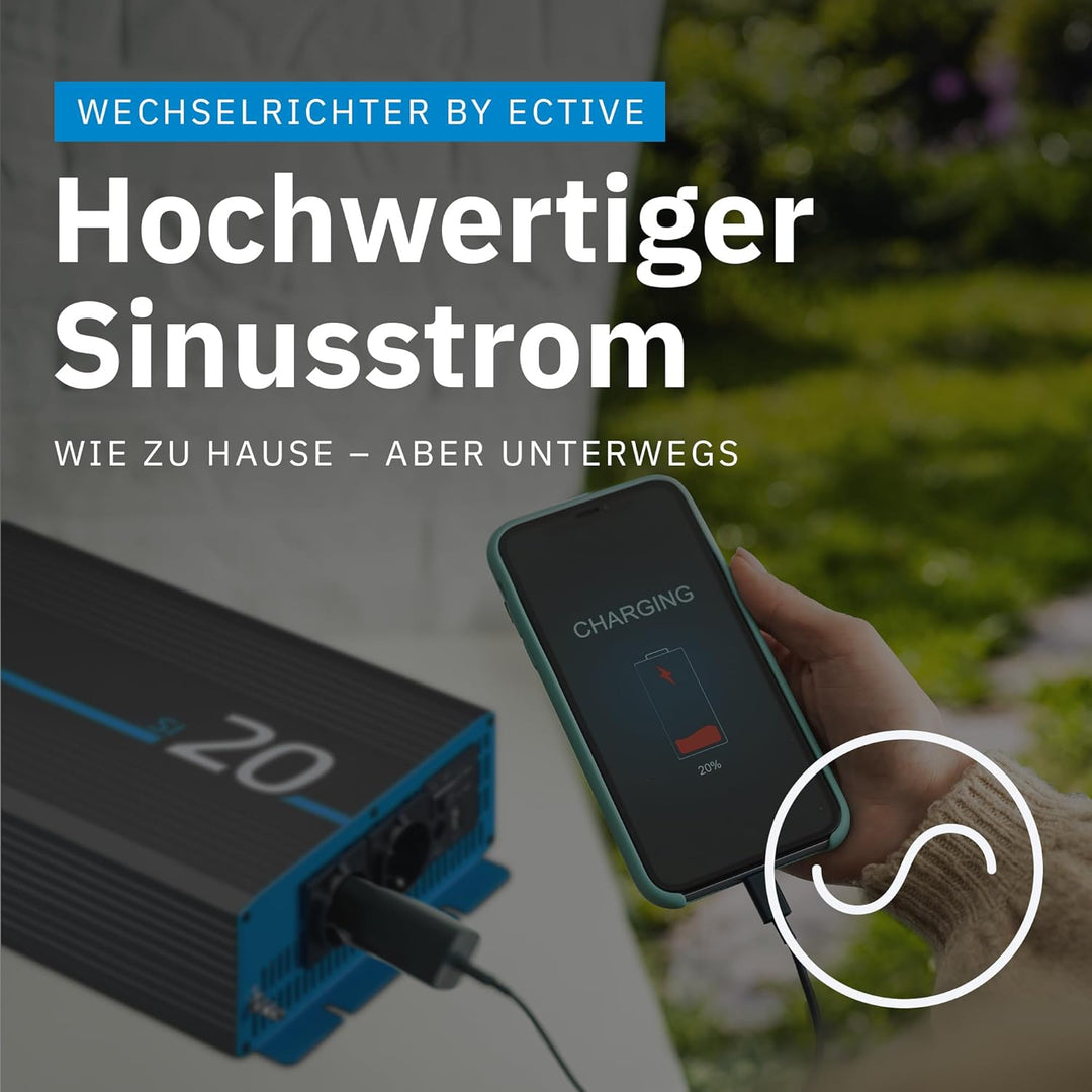 ECTIVE Reiner Sinsus Wechselrichter SI20-2000W, 12V auf 230V, USB, Überlastschutz, Überhitzungsschut