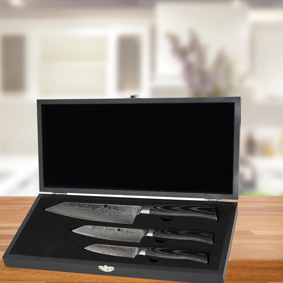 Wakoli EDIB Pro Black Damastmesser Set mit Gravur – Personalisiertes 3er Kiritsuke Messerset, 17cm,