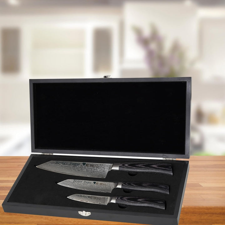 Wakoli EDIB Pro Black Damastmesser Set mit Gravur – Personalisiertes 3er Kiritsuke Messerset, 17cm,
