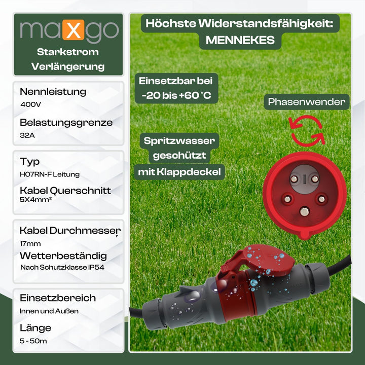 netbote24 CEE Mennekes Verlängerungskabel 32A 400V mit Phasenwender Gummileitung H07RN-F 5x4 5g4 IP4