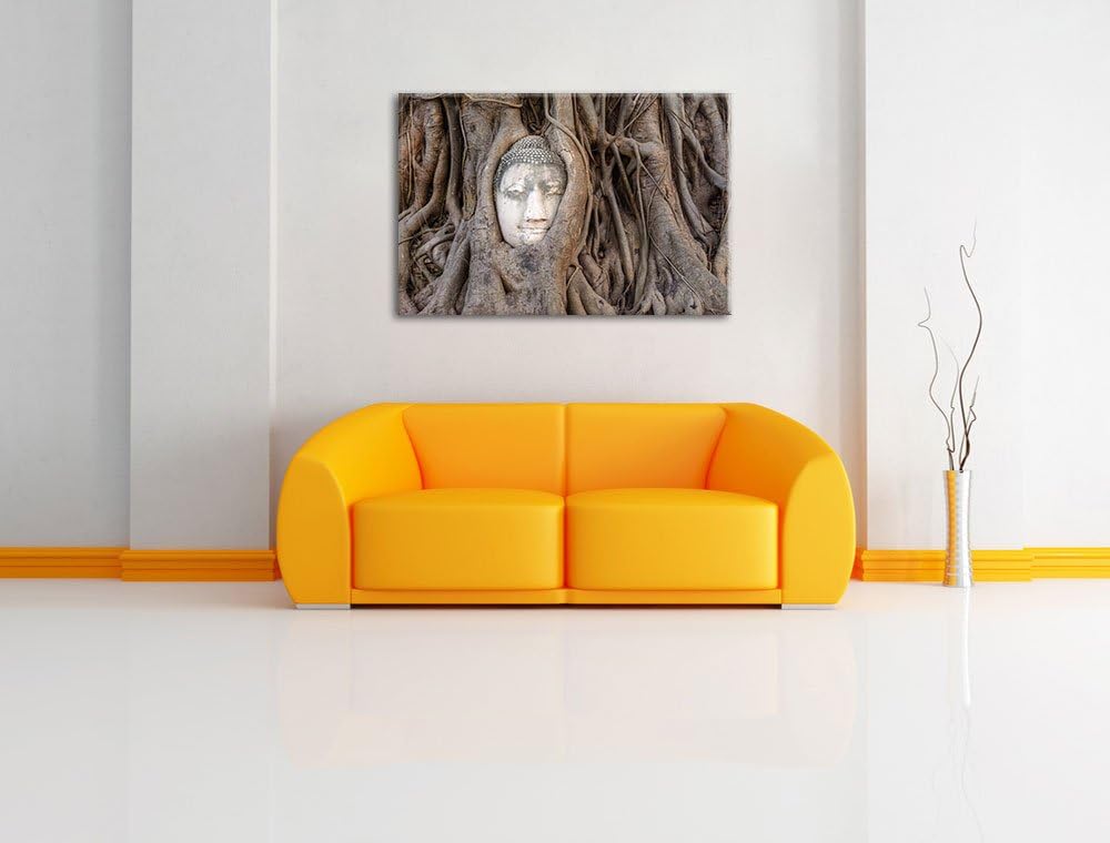 Buddha Kopf verwachsen im Baum Format: 100x70 auf Leinwand, XXL riesige Bilder fertig gerahmt mit Ke