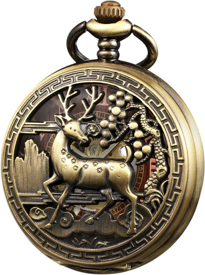 TREEWETO Unisex Taschenuhr Mechanisch Doppelter Abdeckung Rentier Hirsch Leuchtend Skelett Steampunk