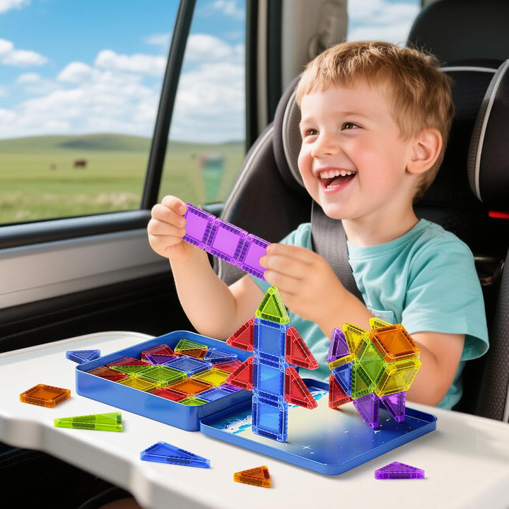Magnetische Bausteine für Kinder 60pcs Magnetbausteine STEM Magnetische Tiles mit tragbarer Stahlbox