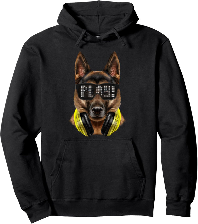 Hund, der Hipster-Sonnenbrille und Kopfhörer trägt Pullover Hoodie