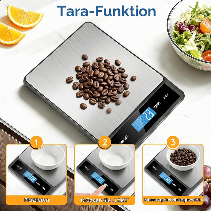 Zivacate 15kg Digitale Küchenwaage, 1g Präzision, Küchenwaage mit LCD Display, Grosse Edelstahl Wieg