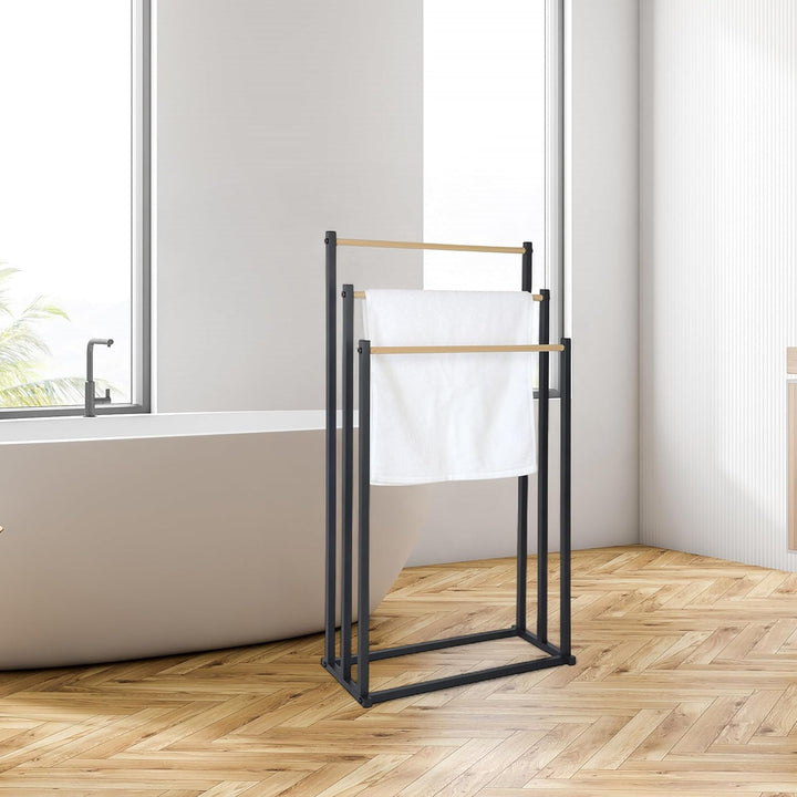Relaxdays Handtuchständer, HBT: 86 x 44 x 21 cm, Metall, 3 Stangen in Holzoptik, stehender Handtuchh