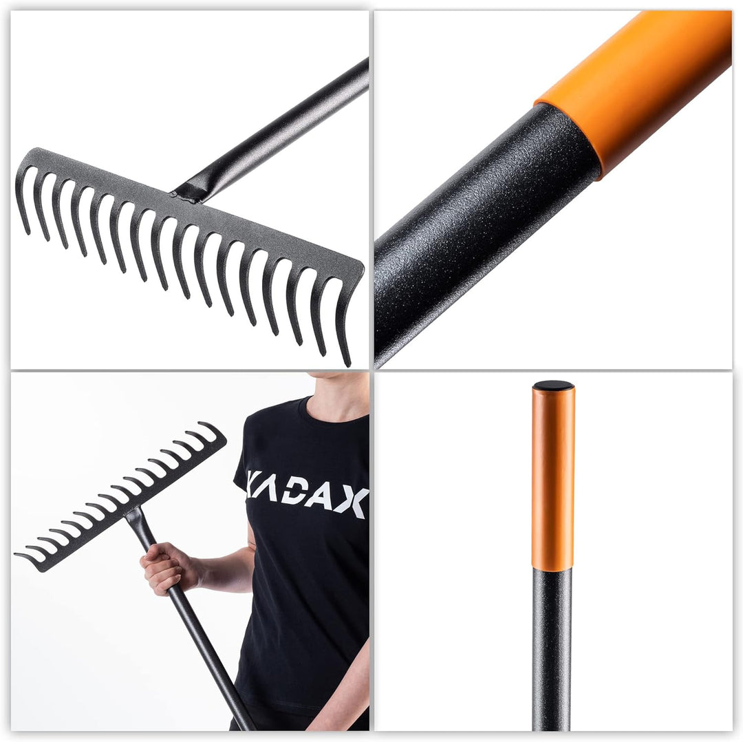 KADAX Rechen, Gartenharke aus Metall, breite Harke mit 154,5 cm langem Metallstiel, Gartengerät zum