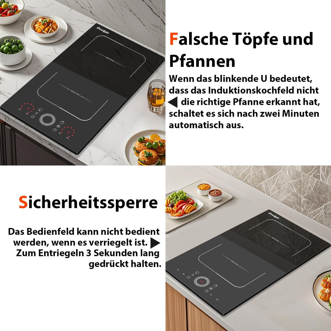Induktionskochfeld 2 Platten mit Stecker, Herdplatte 2 Kochfelder Autark 30CM Einbau, Kombinierte Fl