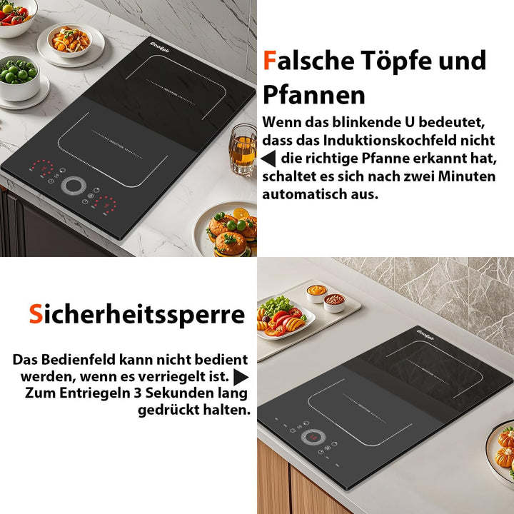 Induktionskochfeld 2 Platten mit Stecker, Herdplatte 2 Kochfelder Autark 30CM Einbau, Kombinierte Fl