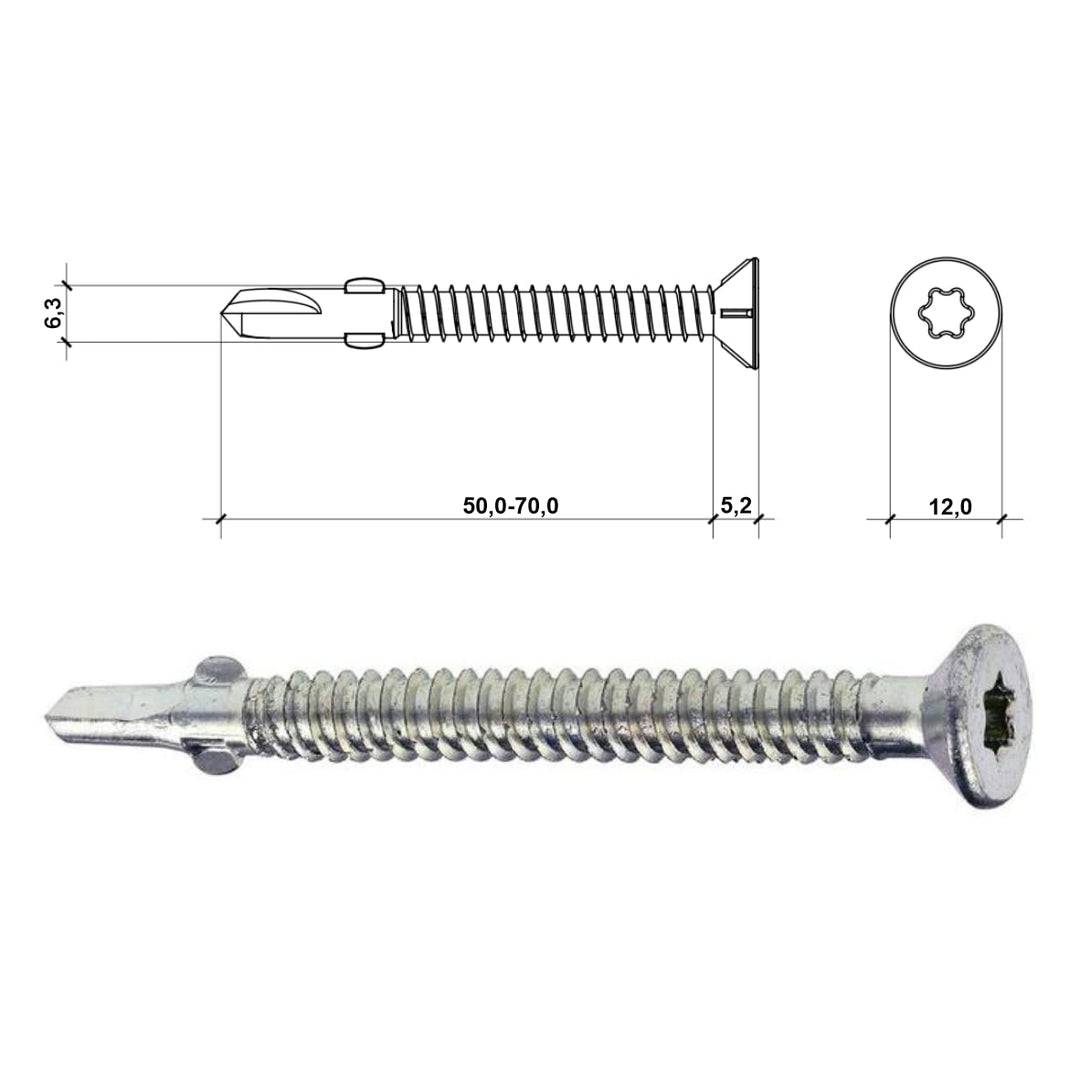 WSDST Ø 6,3mm x 50mm Flügelbohrschrauben Senkkopf für Holz auf Stahl Bohrschrauben Torx TX