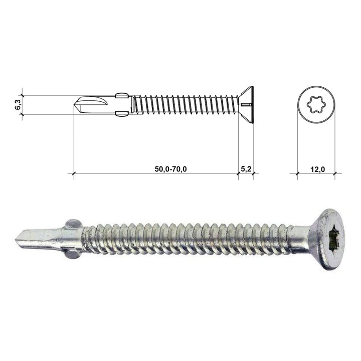WSDST Ø 6,3mm x 50mm Flügelbohrschrauben Senkkopf für Holz auf Stahl Bohrschrauben Torx TX
