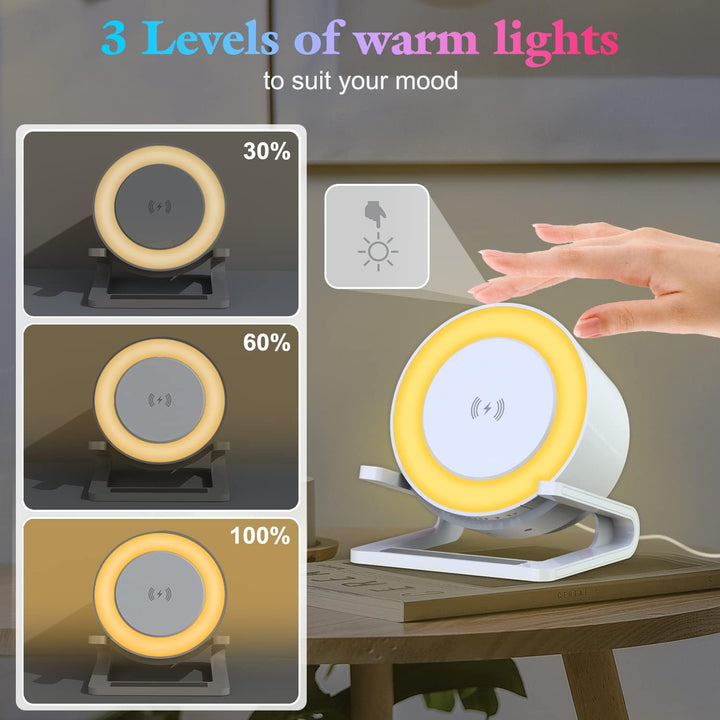 Bluetooth Lautsprecher mit Nachtlicht und Wireless Charger, Touch Dimmbar Nachttischlampe mit Gibt 5