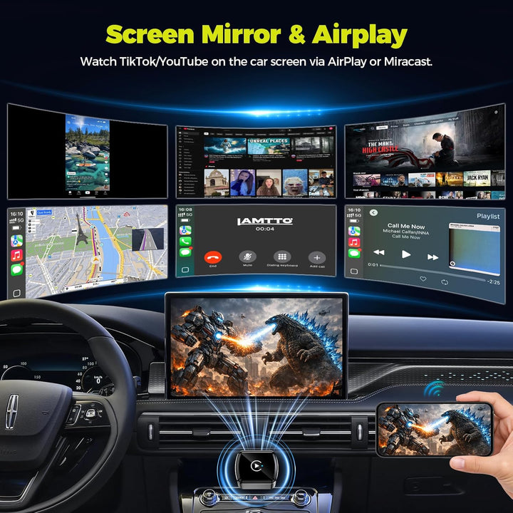 LAMTTO Wireless CarPlay Adapter für iPhones & Android Auto,AirPlay/Miracast, Von Kabelgebunden Auf K